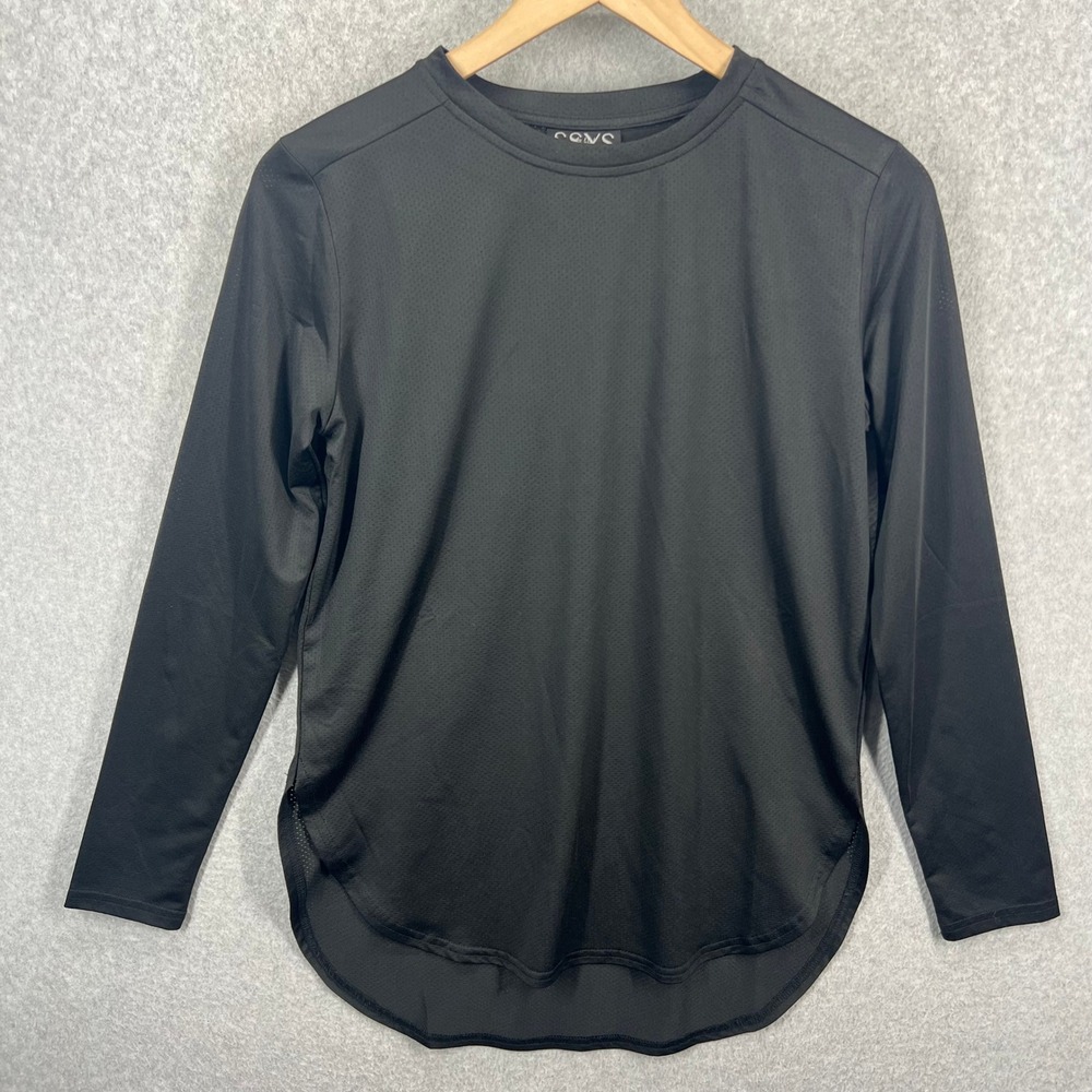 SSYS The Label Women Black Mesh Long Sleeve Activewear Top XS Curved Hem Workout